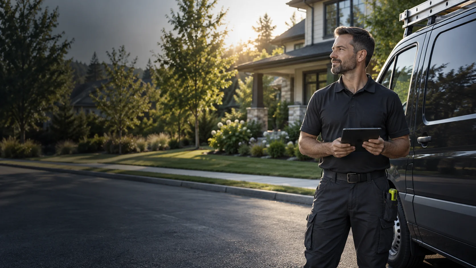 Roofing professional outside a finished home