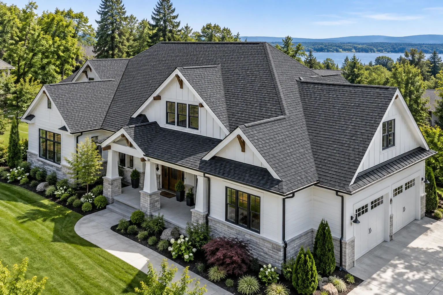 Architectural shingles and clean rooflines.